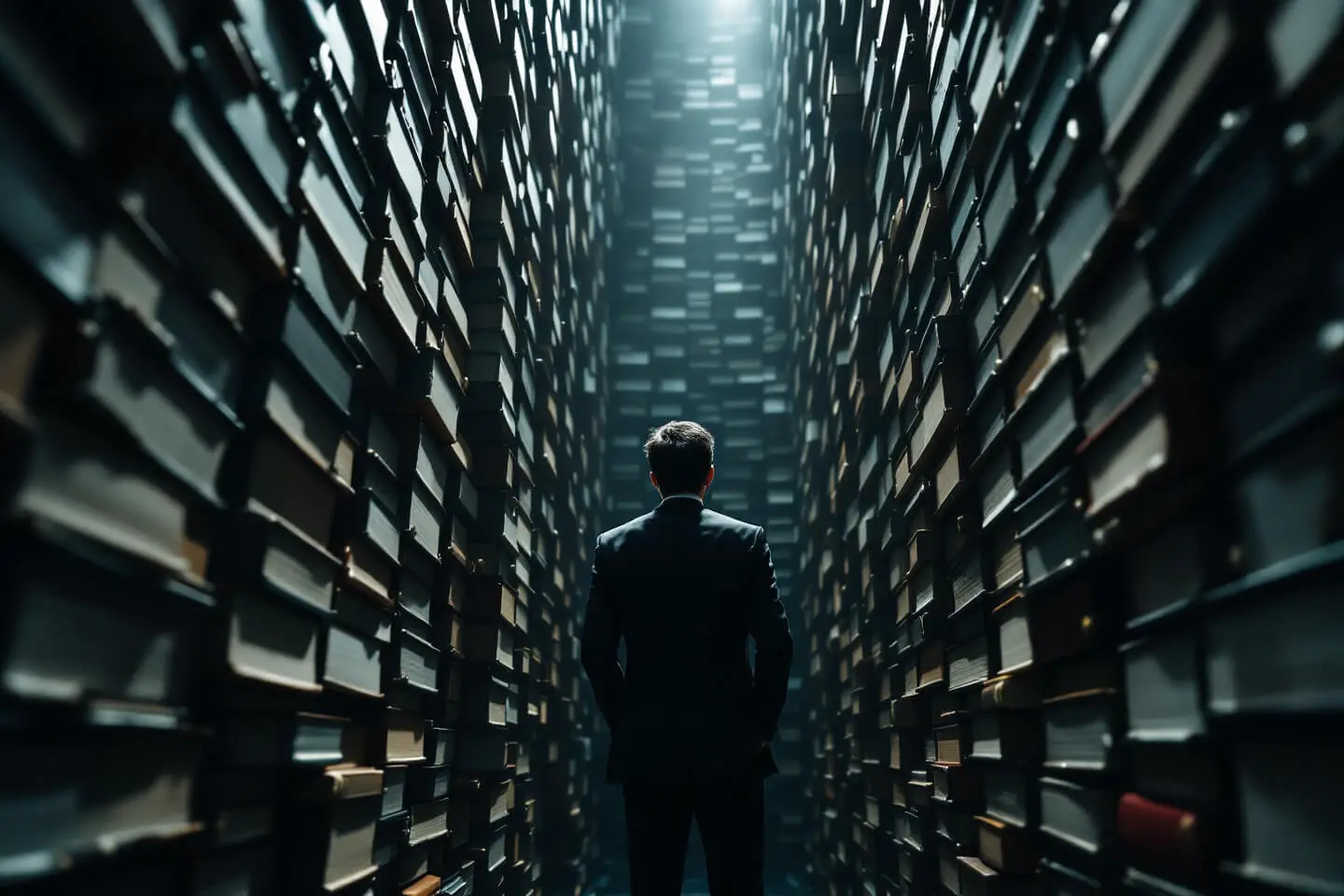 Pessoa no meio de muitos livros na biblioteca